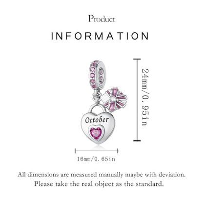 925 Sterling Silver Birthstone Bracelet Charm - Unique Heart Shaped Design, Fits most Europe Pandora Bracelets and Necklaces, women's DIY holiday Gifts - style: J-October