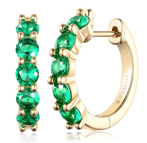 Evabelle Gold Hoop Earrings for Women 14K Real Gold Plated Cubic Zirconia Diamond Hoop Earrings Huggie Hoop Earring Women Earrings Earring for Men 925 Sterling Silver Post Hypoallergenic - color: Hoops 05-Emerald-14K Gold Plated