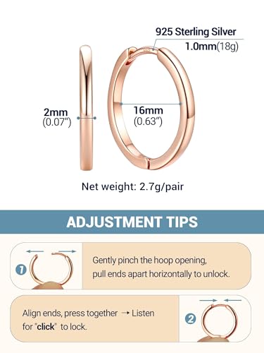 PROSTEEL Huggie Hoop Earrings For Women with 925 Sterling Silver Post | 8/10/12/14/16/18/20mm,14K Gold Plated/Black/Rose Gold/Silver Brass Lightweight Cubic Zirconia Cartilage Piercing Earring - color: 1. Rose Gold, size: 16mm