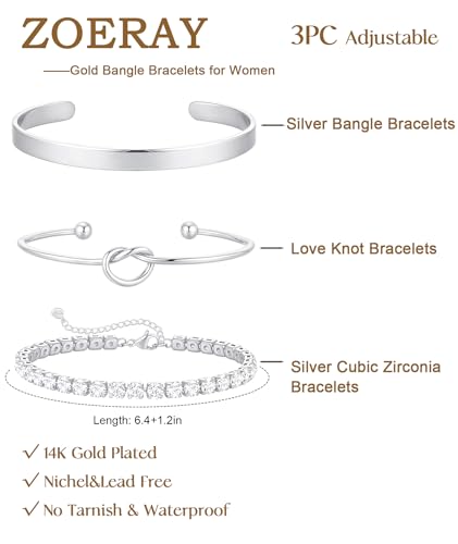 ZOERAY Silver Gold Bangle Bracelets for Women Non Tarnish 14k Gold Plated Stackable Cuff Bracelets for Women Trendy Cubic Zirconia Stainless Steel Chunky Bracelet Stack Set Waterproof Jewelry Gifts - color: A.Knot-Silver