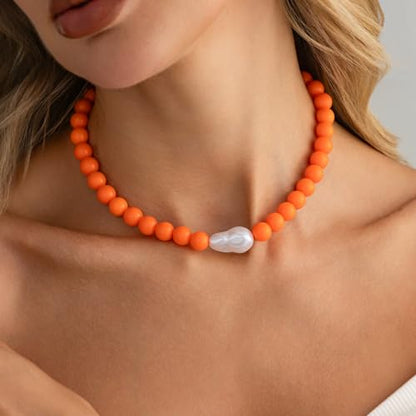 Colorful Faux Baroque Pearl Resin Beaded Choker Necklace Summer Tropical Jewelry for Women - color: Orange