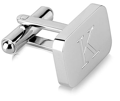 18K White-Gold Plated Initial Engraved Stainless Steel Men’s Cufflinks With Gift Box -Personalized Alphabet Letter’s A-Z By Lux & Pair - style: K- White Gold