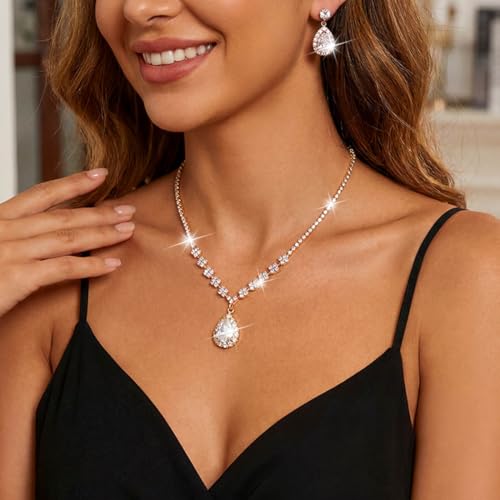 Unicra Bride Crystal Necklace Earrings Set Bridal Wedding Jewelry Sets Rhinestone Choker Necklace Prom Costume Jewelry Set for Women and Brides - color: Gold