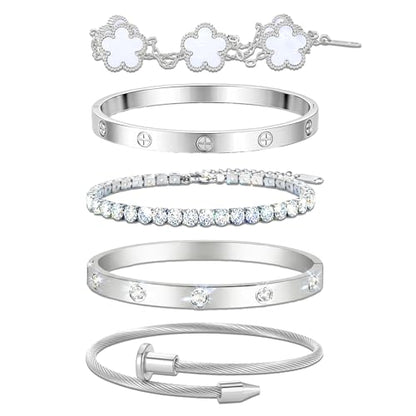 18K Gold Plated Love Bangle Bracelet Stack for Women, Adjustable Clover Bracelet & CZ Tennis Chain Set, Stackable Layered Jewelry, Fade Resistant, Long-Lasting Luster for Daily Wear & Gift - color: 5Pcs Silver White