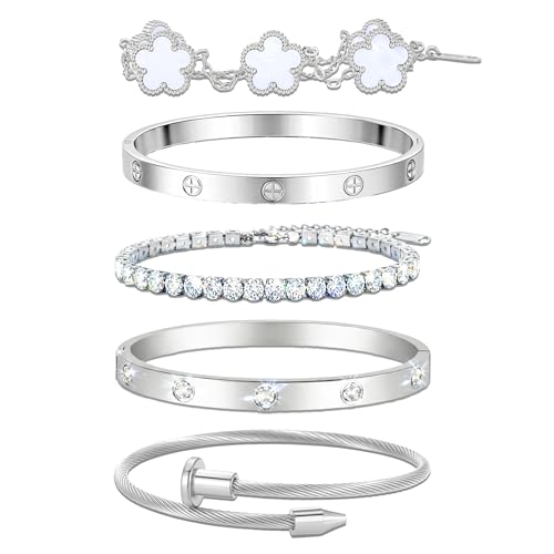18K Gold Plated Love Bangle Bracelet Stack for Women, Adjustable Clover Bracelet & CZ Tennis Chain Set, Stackable Layered Jewelry, Fade Resistant, Long-Lasting Luster for Daily Wear & Gift - color: 5Pcs Silver White