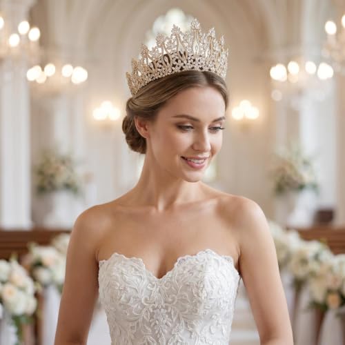 QXMYOO Luxury Wedding Tiaras for Bride Cubic Zirconia Big Tall Crown Quinceanera Crystal Headband for Women CZ Pageant Birthday Prom Party Headpiece Bridal Hair Accessories Silver - color: Gold