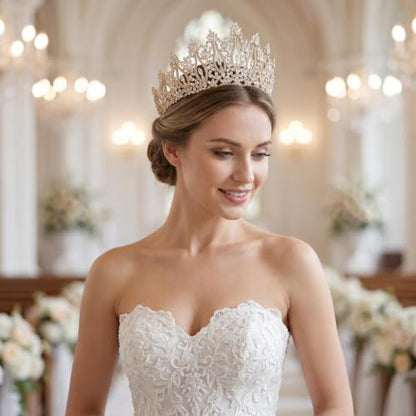 QXMYOO Luxury Wedding Tiaras for Bride Cubic Zirconia Big Tall Crown Quinceanera Crystal Headband for Women CZ Pageant Birthday Prom Party Headpiece Bridal Hair Accessories Silver - color: Gold