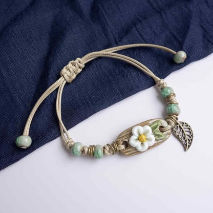 Handcrafted Bohemian Ceramic Flower Bracelet with Leaf Charm, Adjustable Beaded Bracelet for Women, Unique Handmade Jewelry Gift for Nature Lovers - style: Boho