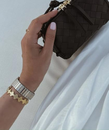 PERNNLA PEARL Dainty Gold Bar Bracelet for Women Simple Delicate Thin Cuff Bangle Hook Bracelet 18K Gold Plated Handmade Minimalist Jewelry - color: 37.Clover