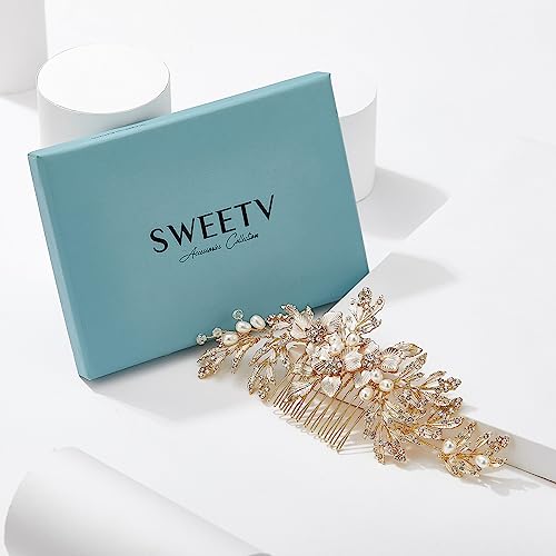SWEETV Handmade Wedding Hair Comb Clip Rhinestone Bridal Hair Comb Piece, Gold Hair Accessories for Brides Wedding - color: 1.Gold
