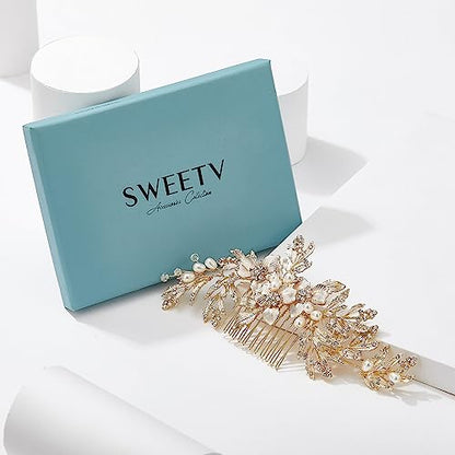 SWEETV Handmade Wedding Hair Comb Clip Rhinestone Bridal Hair Comb Piece, Gold Hair Accessories for Brides Wedding - color: 1.Gold