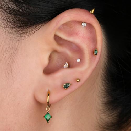 1PC ASTM F136 Titanium Push Pin Moss Agate Stone Flat Back Earrings 16G 8mm for Helix Conch Tragus - color: Waterdrop-18KGP