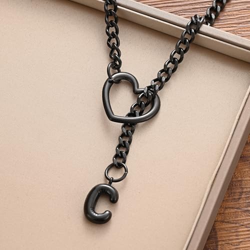 sroyte Black Heart Slip Chain Initial Necklaces for Women,Stainless Steel O-Ring Adjustable Lariat Heart Y-Necklace,Punk Gothic Cuban Collar Choker Necklace for women - color: Black C