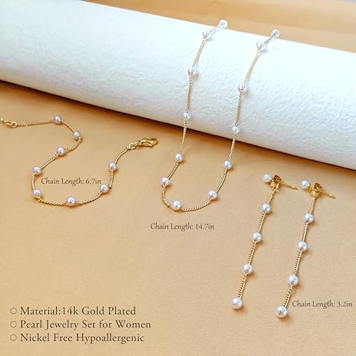 Zeffy Gold Pearl Necklace for Women, Dainty 14K Gold/Silve Plated Layered Pearl Choker Pearl Earrings Pearl Bracelets Wedding Trendy Gold Jewelry Set for Women Gifts - style: Gold Pearl Choker&Drop Earring&Bracelet-3PCS