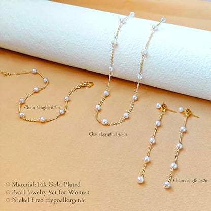 Zeffy Gold Pearl Necklace for Women, Dainty 14K Gold/Silve Plated Layered Pearl Choker Pearl Earrings Pearl Bracelets Wedding Trendy Gold Jewelry Set for Women Gifts - style: Gold Pearl Choker&Drop Earring&Bracelet-3PCS