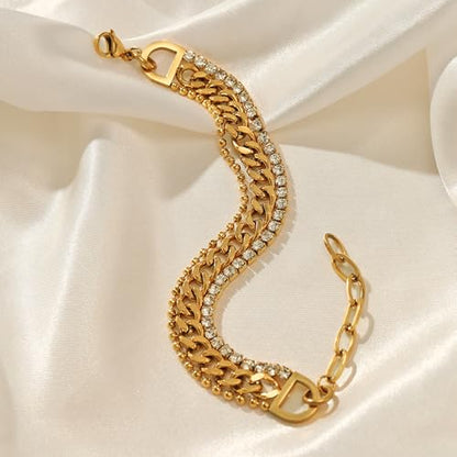 CTRLZTEAM 14K 18K Gold Plated Layered Bracelets for Women Stacked Bracelet | 14K 18K gold plated multi layer bracelets combine distinct chains with single clasp for instant pre-stacked style - style: Integrated Bold Triple-Layer