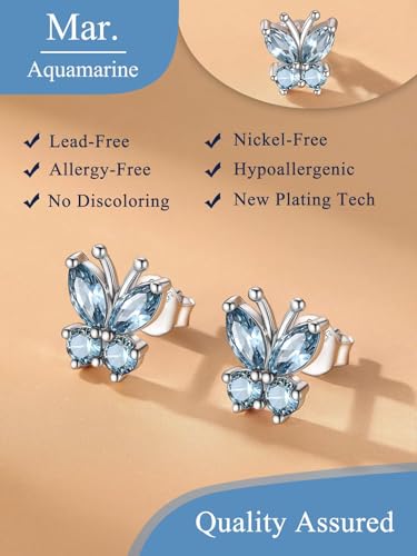 Suplight Butterfly Stud Earrings 925 Sterling Silver 14K Gold Brithstone Earrings for Women Brithstone Jewelry Gifts - color: 03.March( Aquamarine), size: Silver