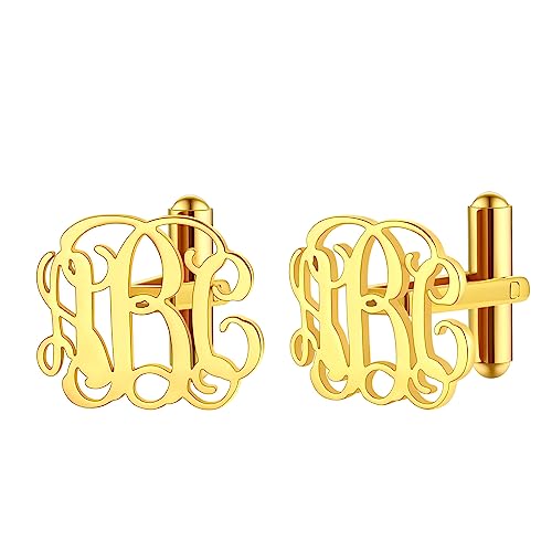 FindChic Stainless Steel Round Cufflinks with Custom Text/Picture/Monogram Letters 18K Gold Plated/Black Color for Men Groom Suits Shirts, with Gift Box - style: 04. custom 3 monograms (gold plated)