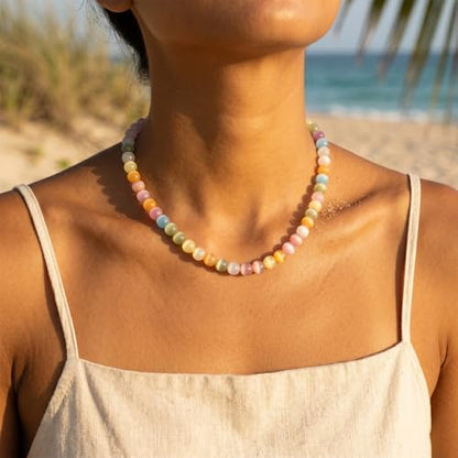 Dopamine Necklace UV Reactive Colorful Rainbow Beaded Necklace Dopamine Jewelry Set Color Changing Mood Necklaces Bracelet Earrings Summer Beach Vacation Gift for Women - color: A4：silver Changing set