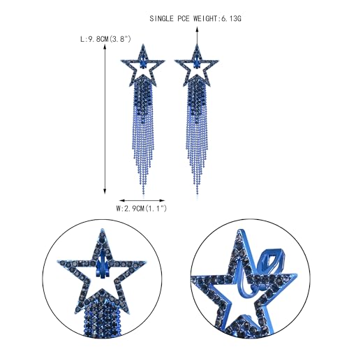 EVER FAITH Crystal Long Waterfall Star Tassel Clip-on Earrings for Women | Rhinestone Beaded Fringe Chandelier Dangle Statement Earring, Wedding Party Jewelry - color: Sapphire Blue Blue-Tone
