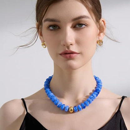 Chunky Colorful Bead Necklace Summer Fashion Statement Boho Beaded Chunky Necklace for Women Adjustable Length Lightweight Cool Suitable for Beach Vacation Daily Wear & Summer Parties - color: Light Blue
