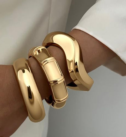 Chunky Gold Bangle Bracelets for Women, 14k Gold Plated Dainty Cuff Stackable Bangles Set, Trendy Bracelet Stack Fashion Jewelry Gifts - color: 04-GOLD