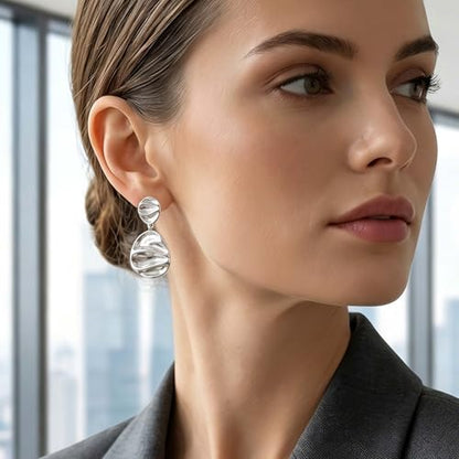 14K Gold Plated Texture Geometric Earrings, Simple Oval Hammered Hoop Drop Dangle Earrings for Women, Lightweight Dangly Minimalist Jewelry - color: Teardrop-Silver