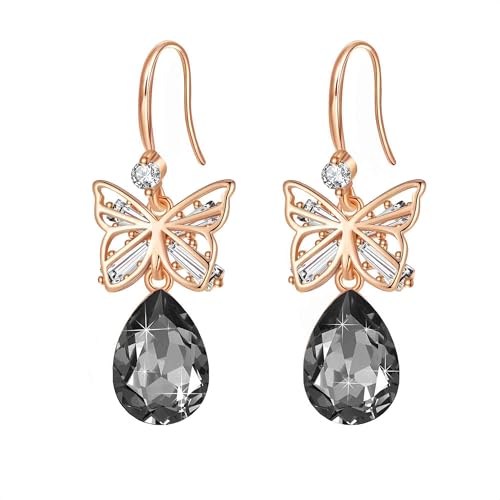 Austrian Crystal Teardrop Butterfly Drop Dangle Earrings for Women 14K Rose Gold Plated Hypoallergenic Jewelry - color: Grey-Black