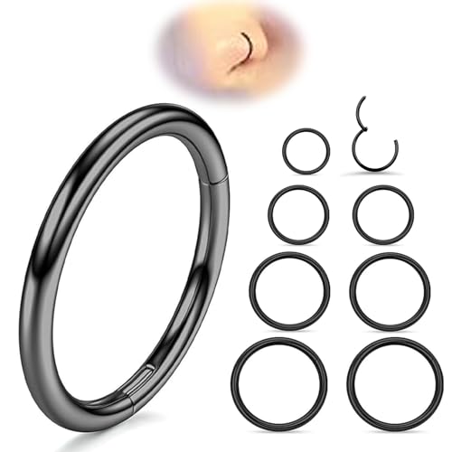 Nose Rings 20G 18G 16G 316L Surgical Steel Hinged Clicker Segment Nose Hoop Helix Cartilage Daith Tragus Sleeper Earrings Body Lip Piercing Jewelry for Women Men 6mm 7mm 8mm 10mm 12mm - style: 03:Black-18G*6/8/10/12mm(8pcs)