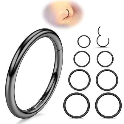 Nose Rings 20G 18G 16G 316L Surgical Steel Hinged Clicker Segment Nose Hoop Helix Cartilage Daith Tragus Sleeper Earrings Body Lip Piercing Jewelry for Women Men 6mm 7mm 8mm 10mm 12mm - style: 03:Black-18G*6/8/10/12mm(8pcs)
