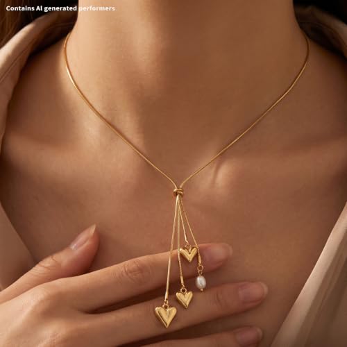 1Piece Gold-Tone Lariat Minimalist Dainty Heart Pearl Pendant Long Necklace | lariat necklace for women|y shaped necklace|lariat necklace gold|gold heart lariat necklace