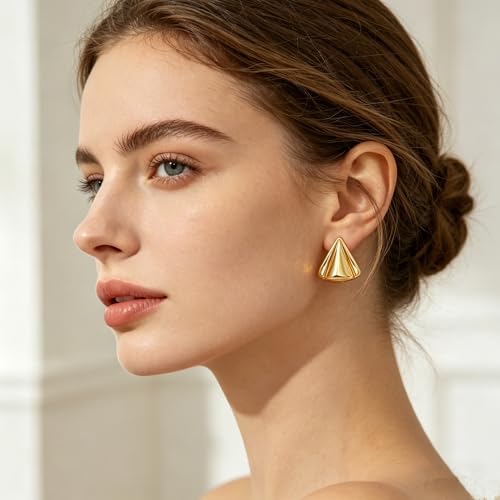 Gold Statement Earrings For Women, 14K Gold Plated Textured Geometric Drop Earrings - Hypoallergenic Stainless Steel Statement Earrings for Women, Waterproof Fan-Shaped Dangle Earrings for Beach & Daily Wear - color: Triangle DKE252101GL