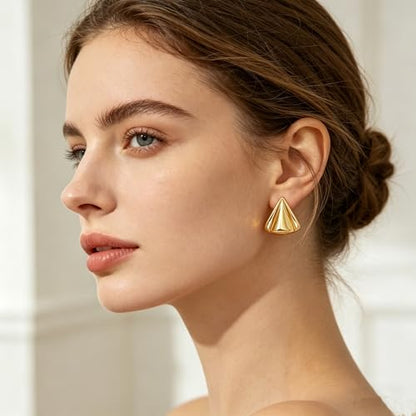 Gold Statement Earrings For Women, 14K Gold Plated Textured Geometric Drop Earrings - Hypoallergenic Stainless Steel Statement Earrings for Women, Waterproof Fan-Shaped Dangle Earrings for Beach & Daily Wear - color: Triangle DKE252101GL