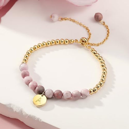 Ritach Initial Bracelets for Girls Kids - Pink Zebra Natural Stone Disc/Heart Initial Bracelet Adjustable Gold/Silver Beaded Bracelets for Girls Kids Teen Girl Jewelry Birthday Gifts - color: G-Gold