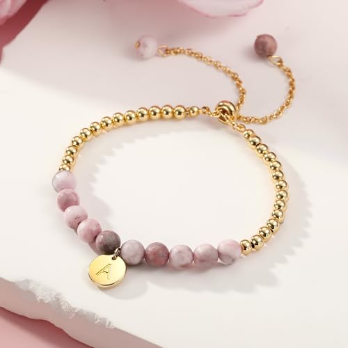 Ritach Initial Bracelets for Girls Kids - Pink Zebra Natural Stone Disc/Heart Initial Bracelet Adjustable Gold/Silver Beaded Bracelets for Girls Kids Teen Girl Jewelry Birthday Gifts - color: H-Gold