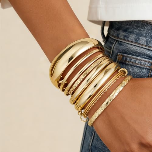ÌF ME Gold Bangle Bracelets for Women, 19Pcs Multi Stackable Textured Bangles Set, 14K Gold Plated Chunky Bracelet Boho Jewelry Gifts - color: Gold-knot