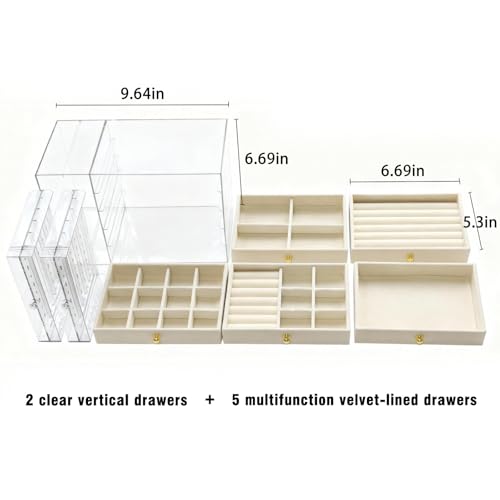 beige Jewelry Box Organizer, Transparent Acrylic Case with Velvet-Lined 5 drawers and 2 side drawers, Versatile Compartments for Earrings, Rings, Necklaces, Bracelets - color: Beige