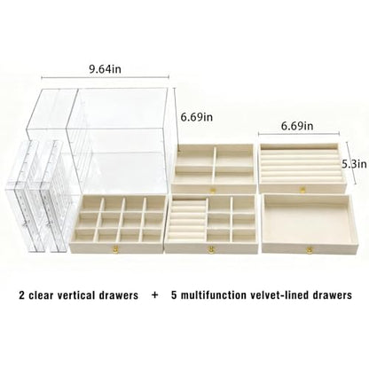 beige Jewelry Box Organizer, Transparent Acrylic Case with Velvet-Lined 5 drawers and 2 side drawers, Versatile Compartments for Earrings, Rings, Necklaces, Bracelets - color: Beige