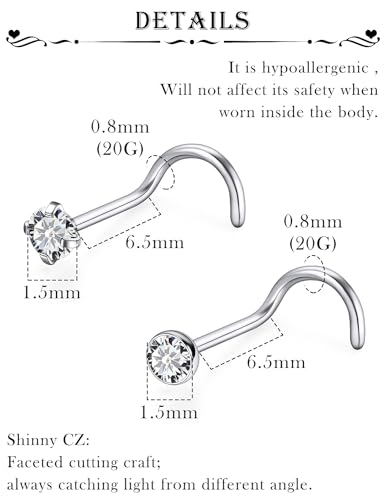 18G 20G 22G Stainless Surgical Steel Titanium Nose Rings Studs for Women L Shaped Nose Studs Screw Nose Rings Nostrial Piercing Jewelry for Women Men Silver Gold Black - style: 20G/1.5mm CZ/Screw/Titanium