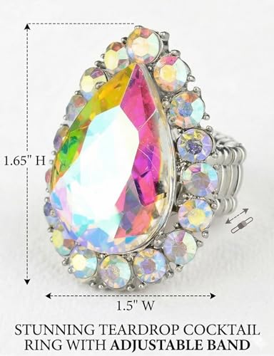 NYFASHION101 Radiant Teardrop Stone Adjustable Cocktail Statement Ring - color: Aurora Borealis/Silver-Tone