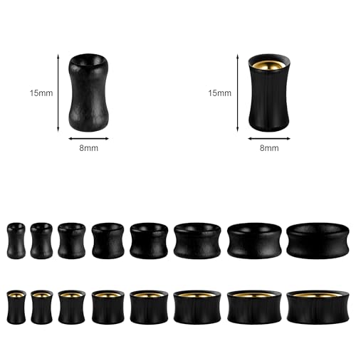 2 Pairs Hollow Vintage Ear Tunnel Plugs Stretcher Gauges | Natural Black Sandalwood/Stainless Steel, Saddle Double Flared, Wooden Body Jewelry - size: 8MM