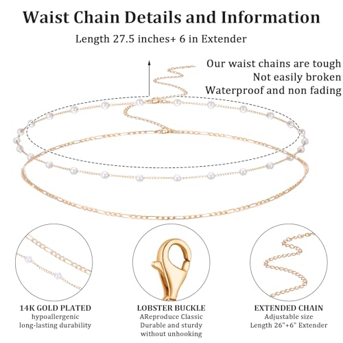 Plated Waist Chain Jewelry for Women, 4pcs Layered Belly Chain with Satellite Beads, Non Tarnish Body Chains, Adjustable Waterproof Sexy Bikini Beach Accessories Pearl Belts, 2 Silver & 2 Gold