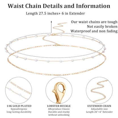 Plated Waist Chain Jewelry for Women, 4pcs Layered Belly Chain with Satellite Beads, Non Tarnish Body Chains, Adjustable Waterproof Sexy Bikini Beach Accessories Pearl Belts, 2 Silver & 2 Gold