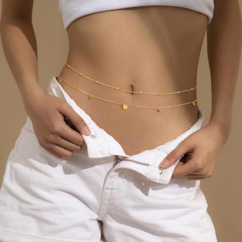 2PCS Gold Silver Waist Chain Adjustable Layered Belly Chain Body Chain Jewelry for Women Sexy Bikini Beach Boho Pearl Beaded Cuban Satellite Waist Chains - style: 2PCS-GD-Circular peacock green beads