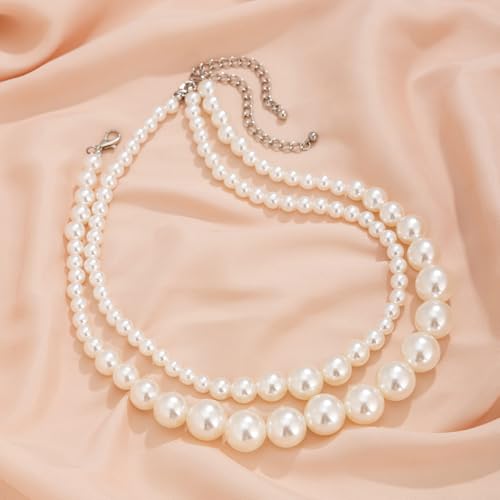 CSIYANJRY99 Chunky Pearl Necklace for Women Big Faux Pearl Beaded Strand Necklace Wedding Prom Jewelry for Women - color: White Layered
