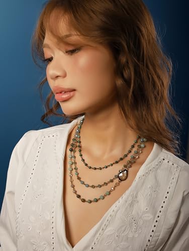 MINACHI Boho Multi Layer Necklace with Green Stone Beads, Handmade Beaded Chain Necklace, Vintage Hippie Jewelry for Women - style: Necklace NECK.005