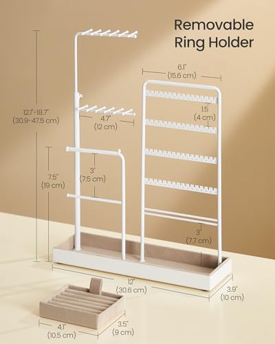 SONGMICS Jewelry Holder, Metal Frame, Velvet Tray, Matte White | Jewelry Storage Organizer Stand with Metal Frame, 12.1 to 18.7 Inches Tall Height Adjustable Necklace Holder for Rings - color: Matte White