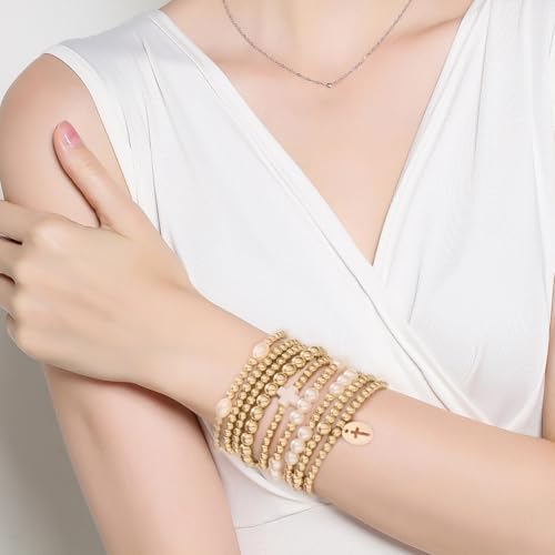 Gold Cross Beaded Bracelets for Women Set, Dainty Gold Plated & Pearl Stackable and Layered Bracelets with Polymer Clay Cross, Stretch Layered Bracelet Stack for Women Girls Trendy Boho Jewelry Gifts