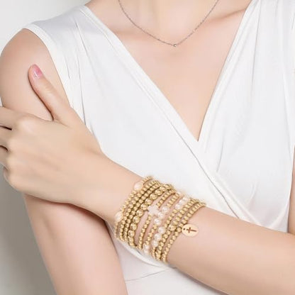 Gold Cross Beaded Bracelets for Women Set, Dainty Gold Plated & Pearl Stackable and Layered Bracelets with Polymer Clay Cross, Stretch Layered Bracelet Stack for Women Girls Trendy Boho Jewelry Gifts