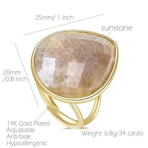 Crystal Ring for Women, Natural Rose Quartz Green Fluorite Ring for Her, Teardrop Shape Gemstone Ring, Handmade rose quartz Jewelry Adjustable Ring. - color: Sunstone